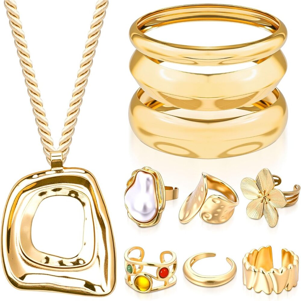 10 Pcs Gold Chunky Jewelry Set for Women Pendant Statement Necklace Chunky Bangl